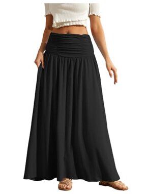 Maxi Skirt High Waisted Ruched Stretchy Flowy A-line for Women